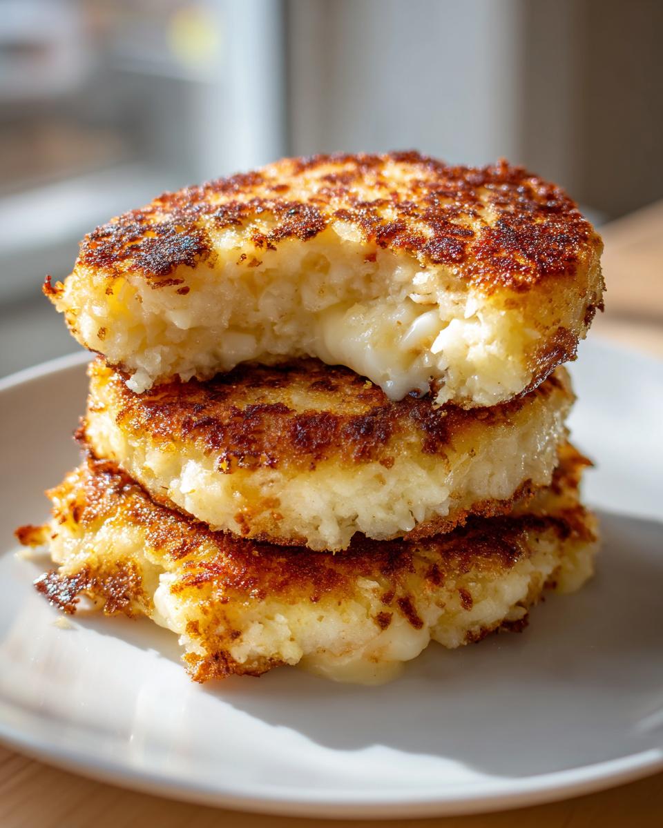 A stack of three golden brown mashed potato cakes, with the top one broken open revealing melted cheese inside.