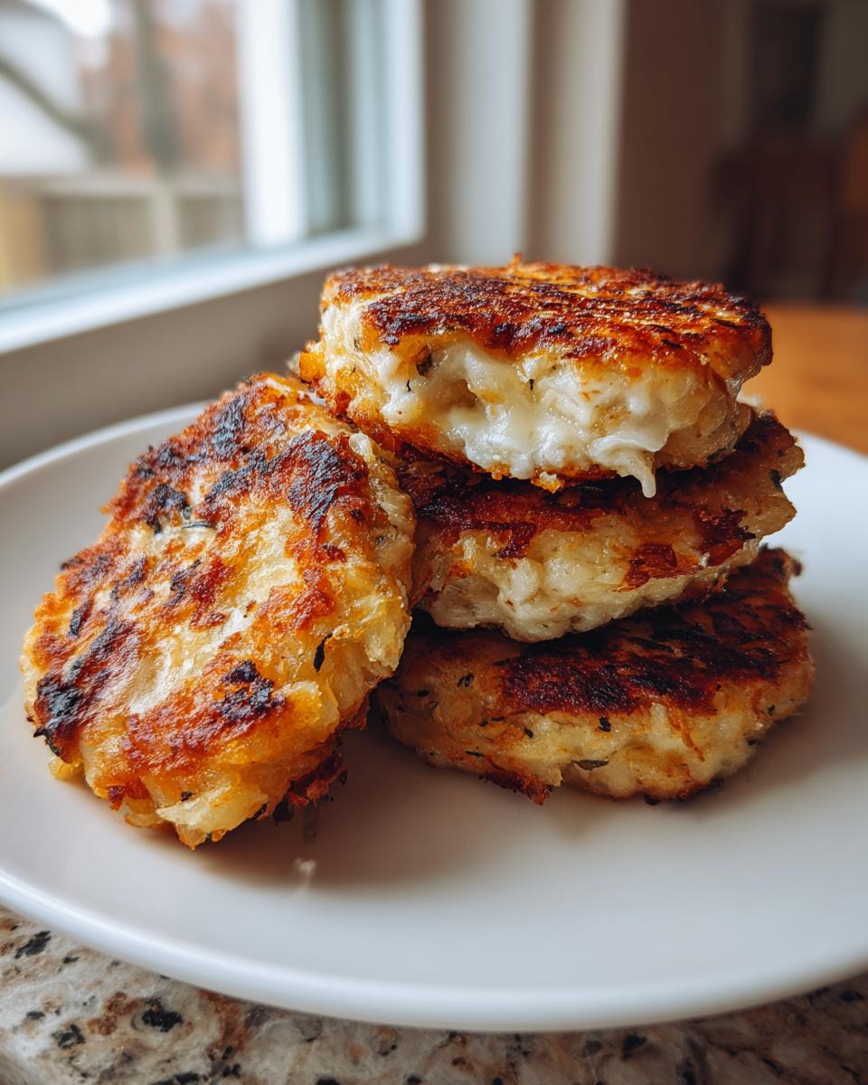 A stack of four golden brown, pan-fried mashed potato cakes, with one showing melted cheese oozing out.