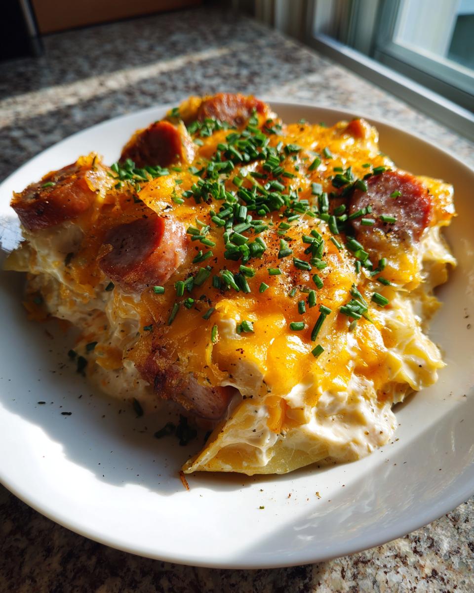 A hearty serving of pierogi casserole topped with melted cheddar cheese, sliced sausage, and fresh chives.