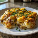 A serving of cheesy pierogi casserole topped with melted cheddar and fresh chives on a white plate.