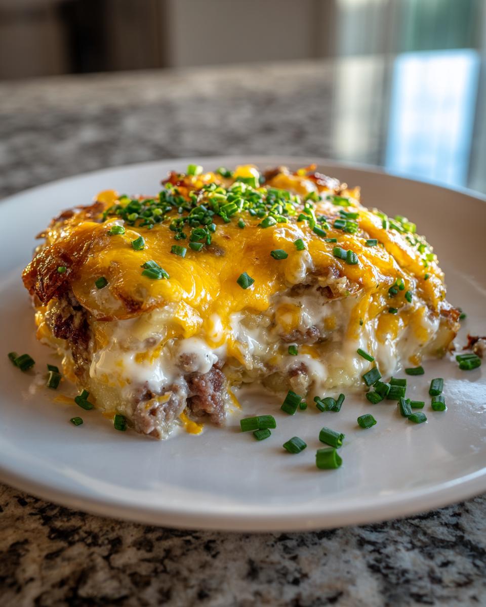 A generous serving of cheesy pierogi casserole topped with melted cheddar and fresh green chives.