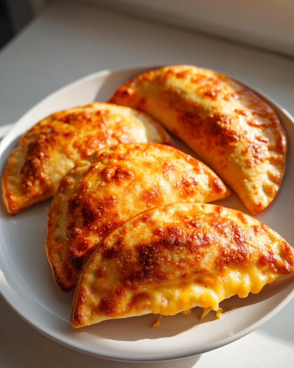 Four golden brown, baked cheesy pocket tacos with melted cheese oozing out, served on a white plate.