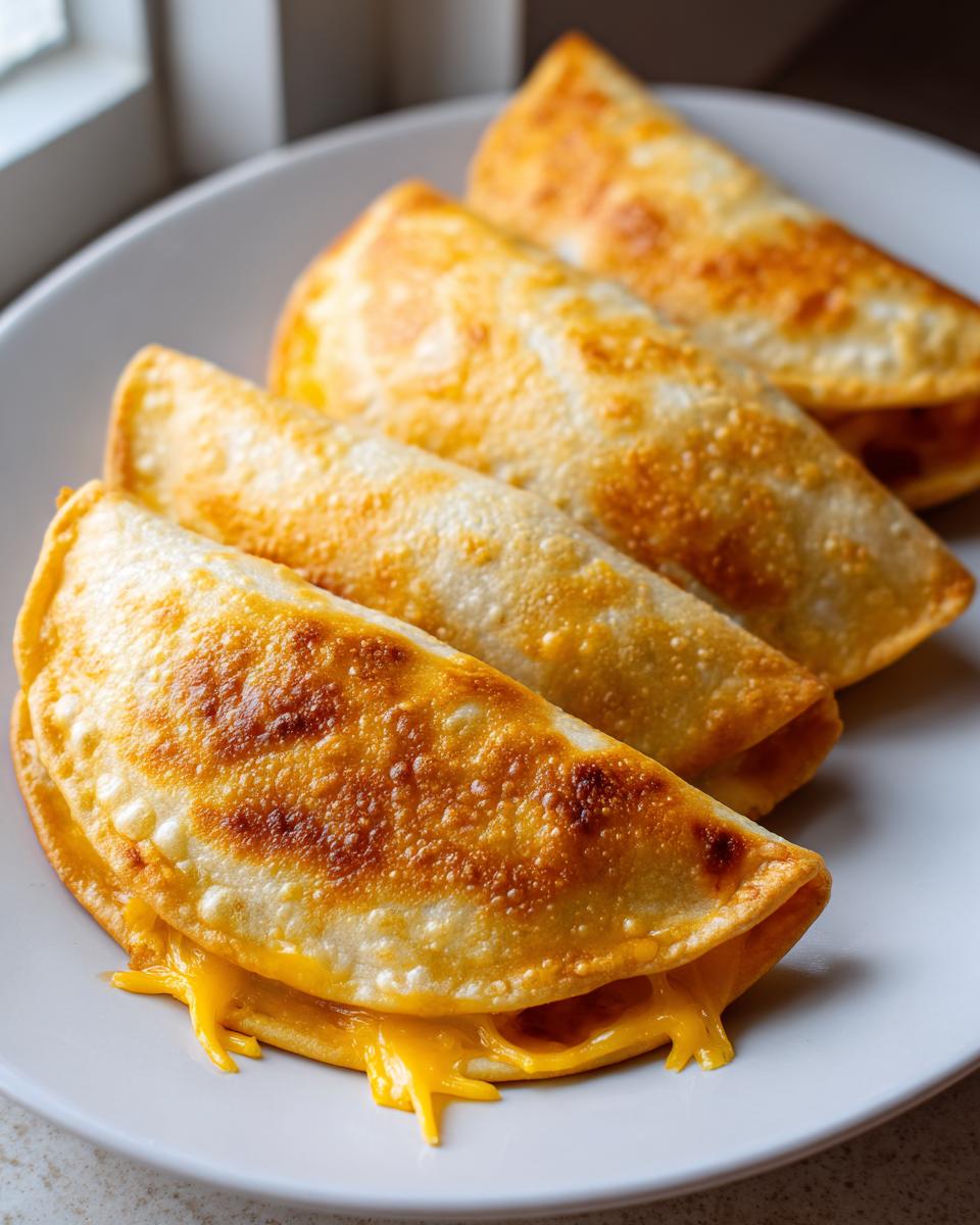 Four golden-brown, crispy cheesy pocket tacos lined up on a white plate, with melted cheese oozing out.