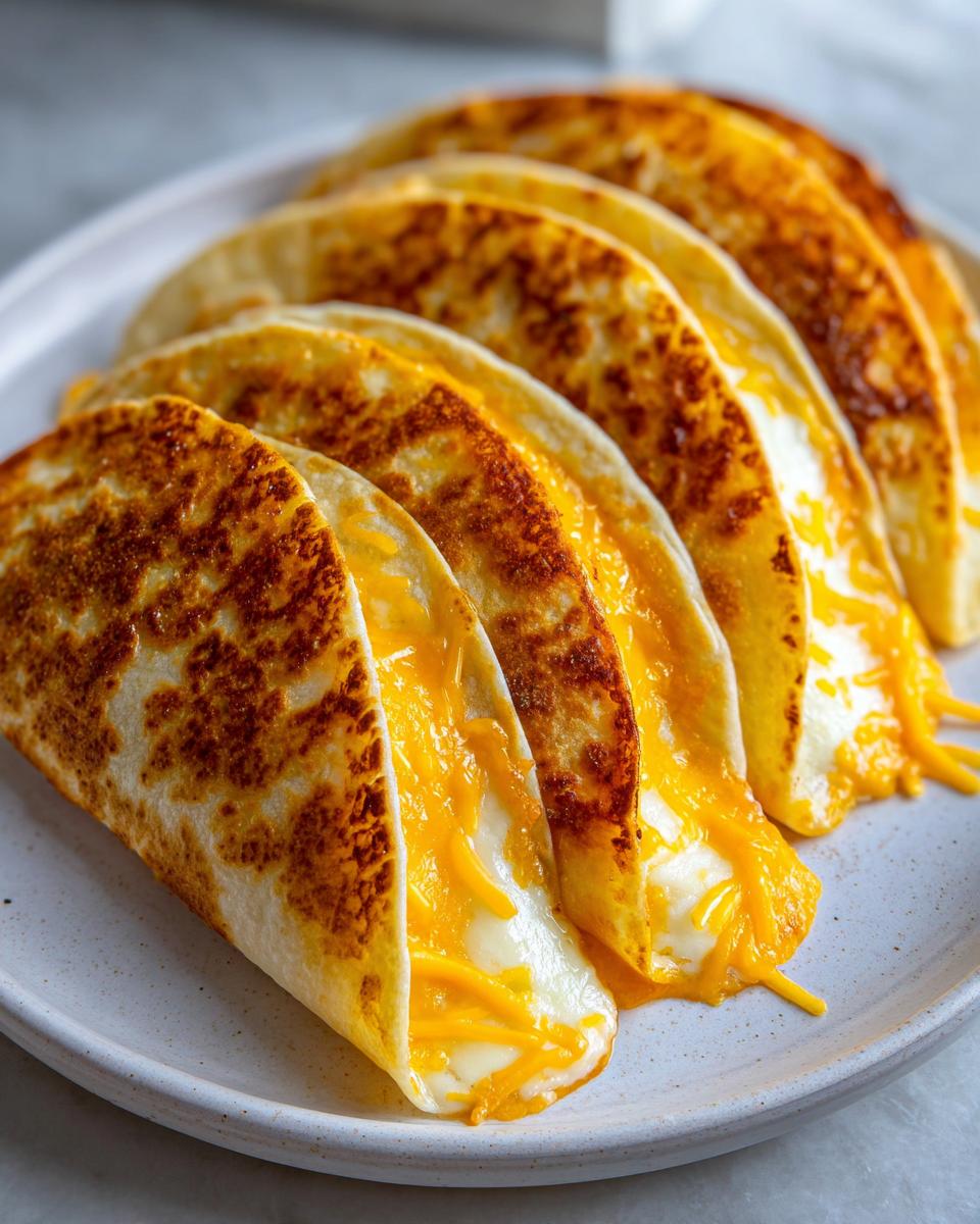 A row of perfectly grilled cheesy pocket tacos showing melted orange and white cheese oozing out.