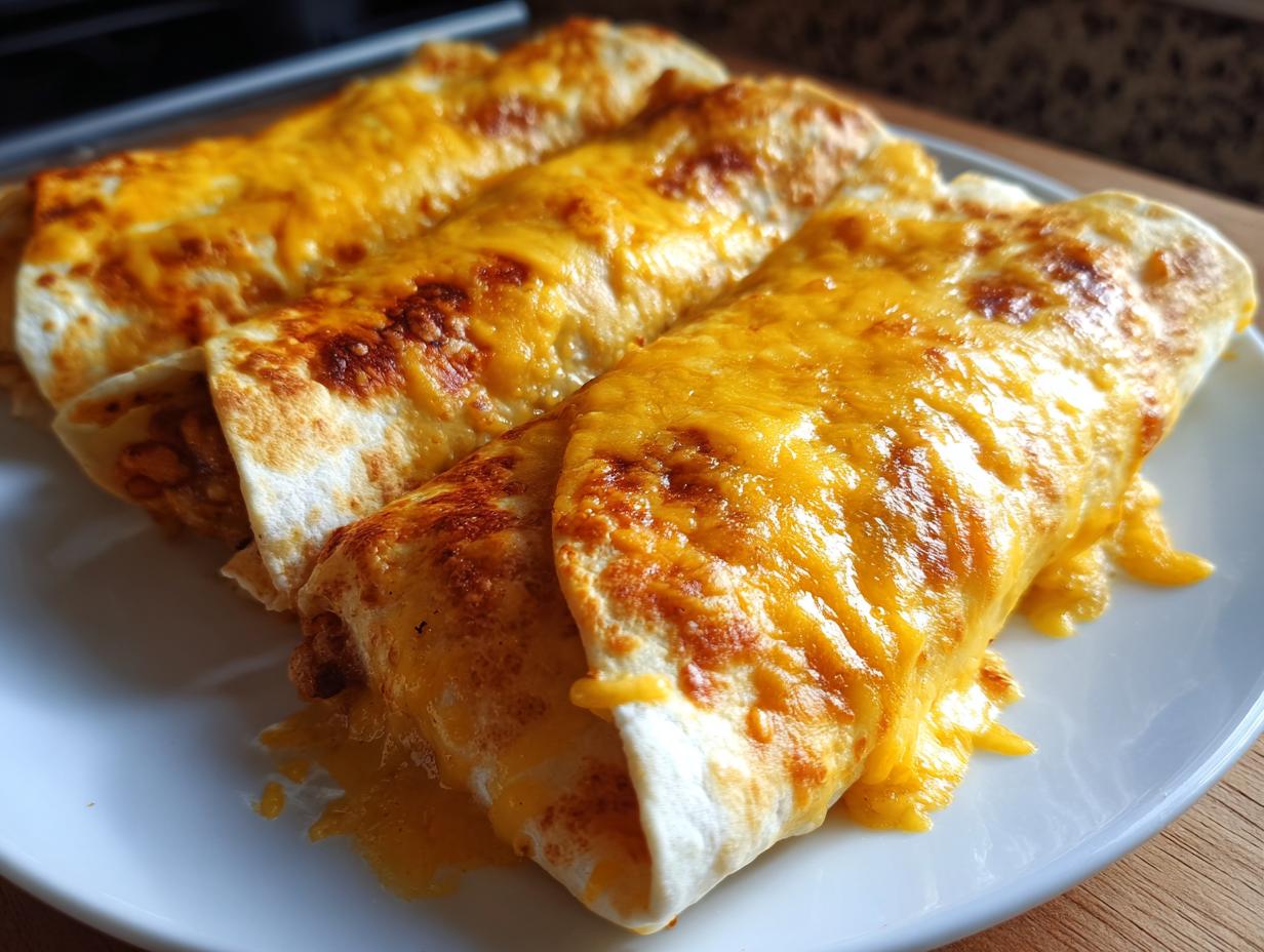 Three freshly baked cheesy pocket tacos covered in melted, golden cheddar cheese served on a white plate.