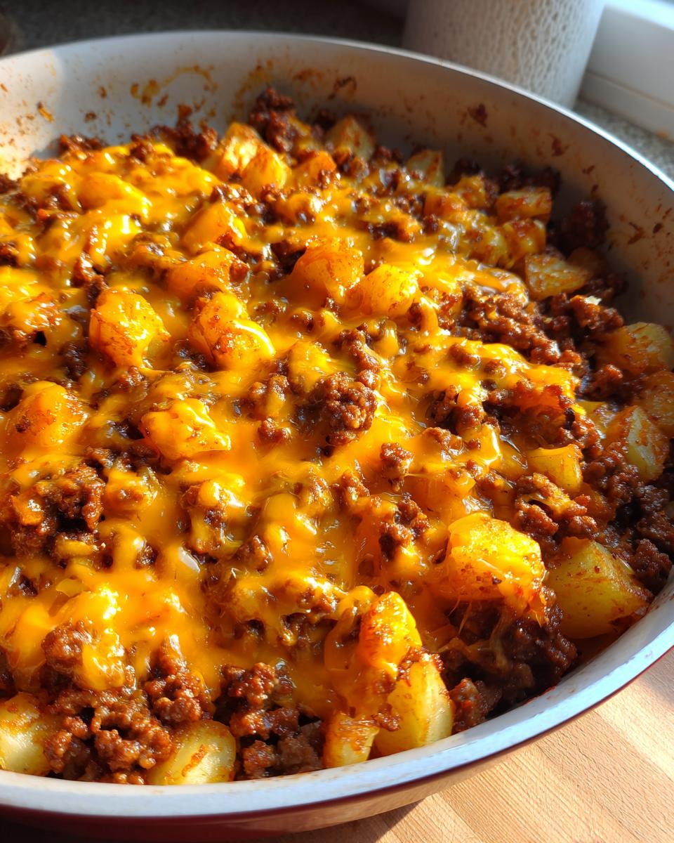 Close-up of Cheesy Taco Potatoes baked in a dish, topped with melted cheddar cheese and seasoned ground beef.