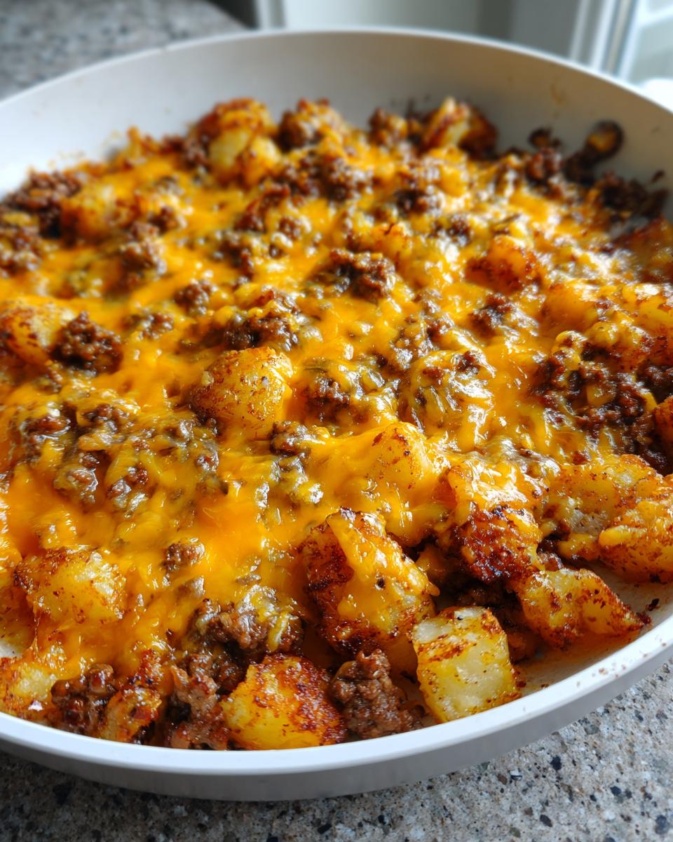 Close-up of Cheesy Taco Potatoes topped with melted cheddar cheese and seasoned ground beef in a white skillet.
