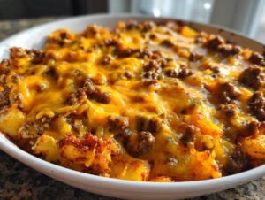 Close-up of a white baking dish filled with Cheesy Taco Potatoes topped with melted cheddar cheese and seasoned ground beef.