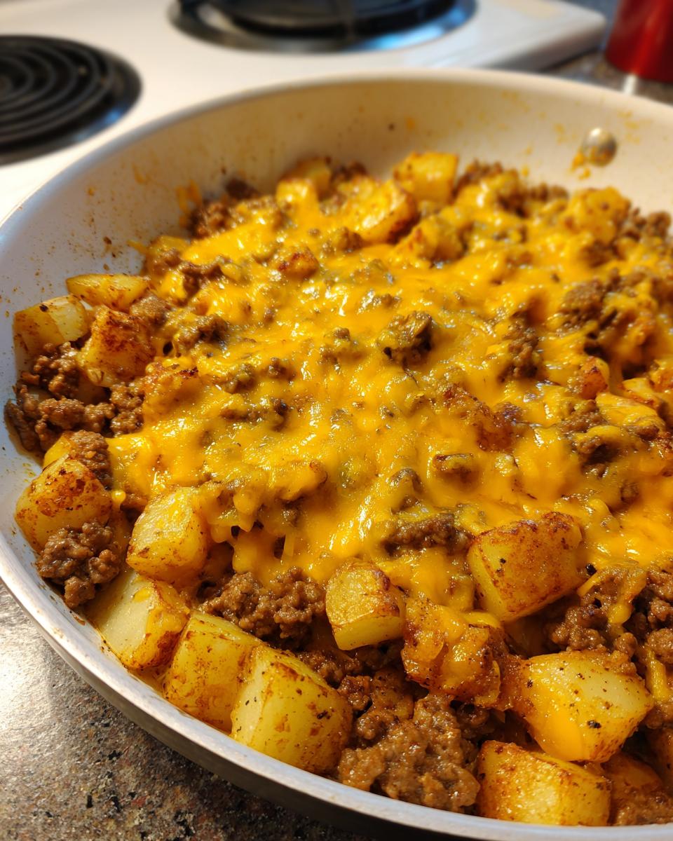 Close-up of Cheesy Taco Potatoes cooked in a white skillet, featuring seasoned ground beef and melted cheddar cheese over cubed potatoes.