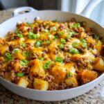 A close-up of Cheesy Taco Potatoes cooked in a white skillet, topped with melted cheddar and green onions.