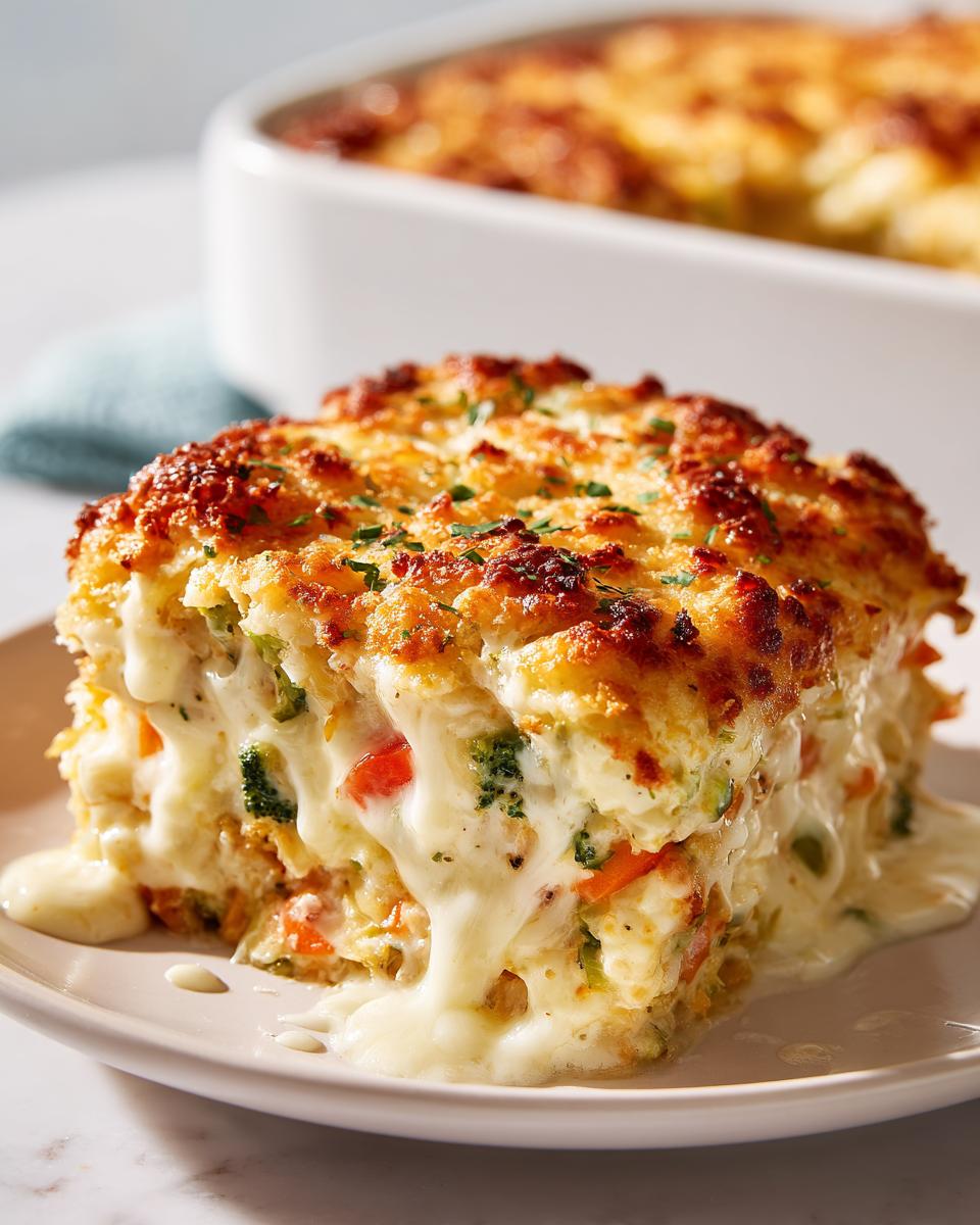 A square slice of creamy vegetable casserole with a golden, baked top, oozing white cheese sauce onto a plate.
