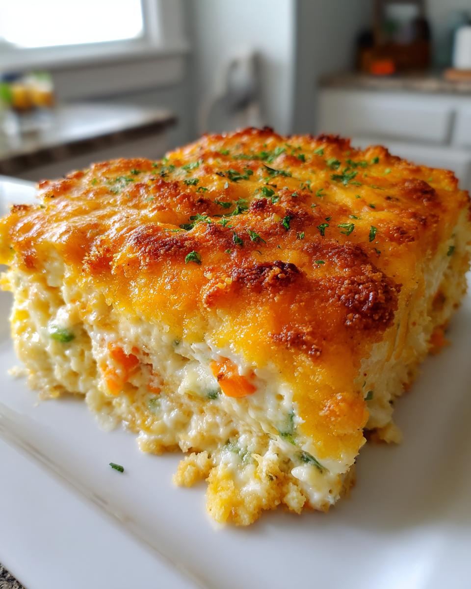 A square serving of creamy vegetable casserole topped with melted, browned cheddar cheese and parsley.