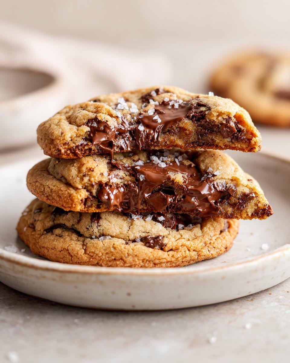 Close-up of two chewy chocolate chip cookies stacked, revealing melted chocolate centers and sea salt flakes.