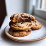 A stack of three chewy chocolate chip cookies, with the top one broken open revealing melted chocolate and sea salt.