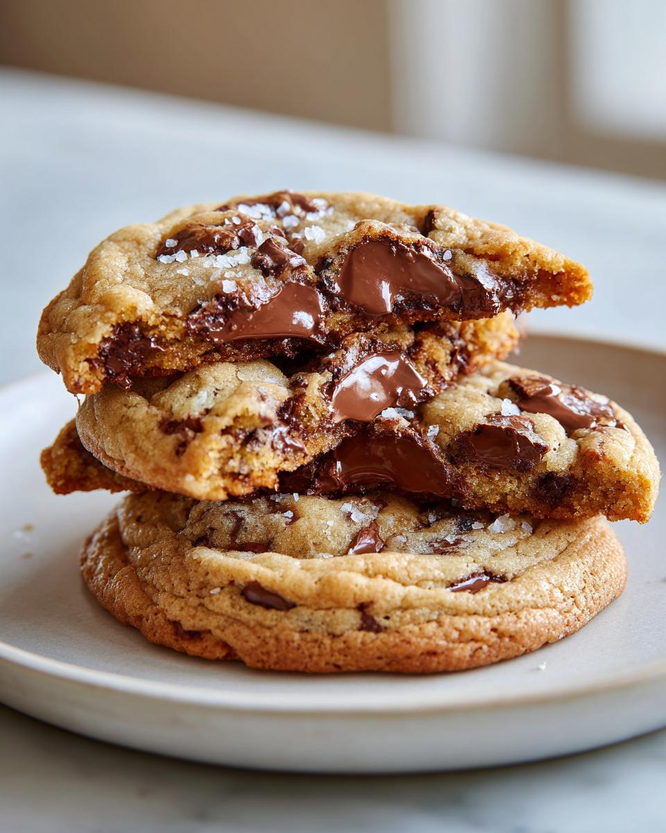 Stack of three chewy chocolate chip cookies, with the top one broken open showing melted chocolate pools and sea salt.