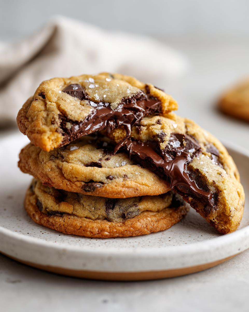 Stack of three chewy chocolate chip cookies, with the top one broken open revealing gooey, melted chocolate.