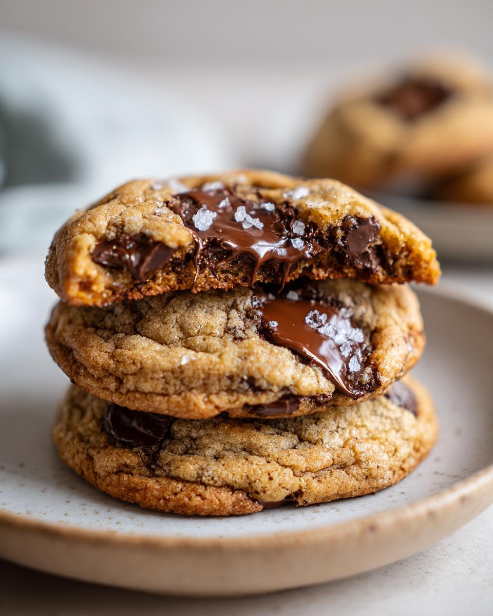 Close-up of a stack of three chewy chocolate chip cookies, with the top one broken open showing gooey melted chocolate and sea salt.