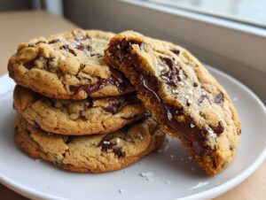 A stack of four chewy chocolate chip cookies, with the top one broken open revealing gooey melted chocolate.