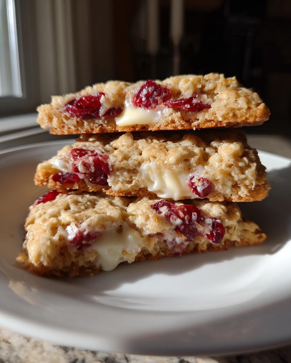Three halves of chewy cranberry oatmeal cookies stacked, showing gooey white chocolate centers and dried cranberries.