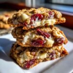 A stack of three chewy cranberry oatmeal cookies showing melted white chocolate chips and dried cranberries.