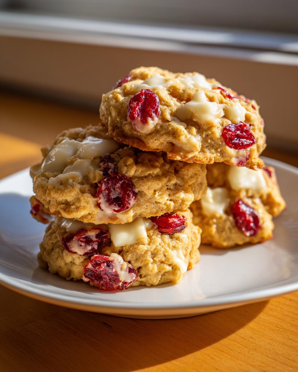 A stack of three chewy cranberry oatmeal cookies featuring visible dried cranberries and melted white chocolate chips.