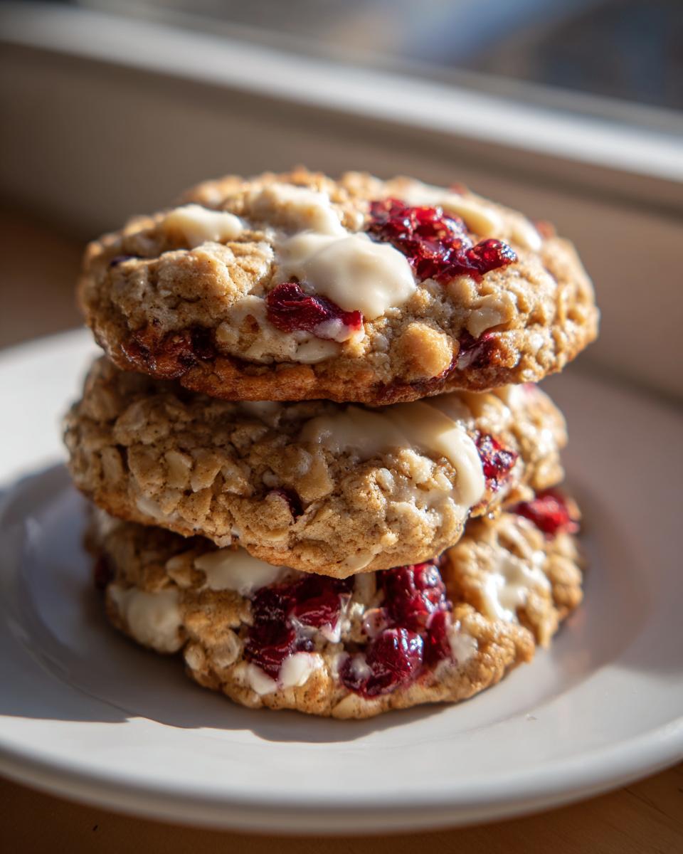 A stack of three chewy cranberry oatmeal cookies featuring visible oats, bright red cranberries, and melted white chocolate chips.