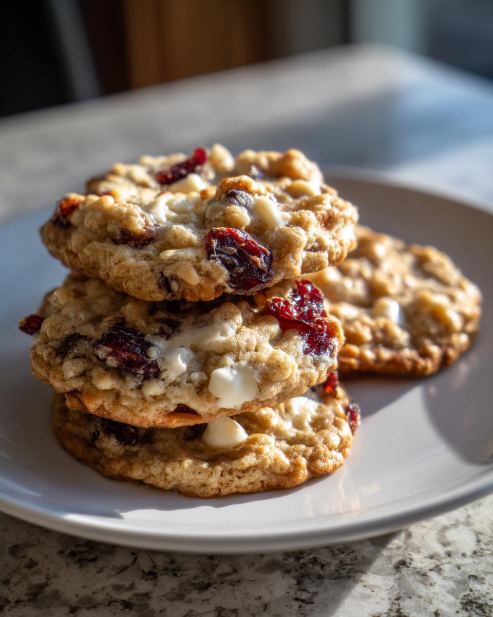 A close-up stack of three chewy cranberry oatmeal cookies featuring visible dried cranberries and white chocolate chips.