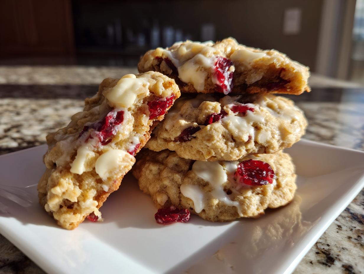 A stack of chewy cranberry oatmeal cookies featuring white chocolate chips and a light glaze.