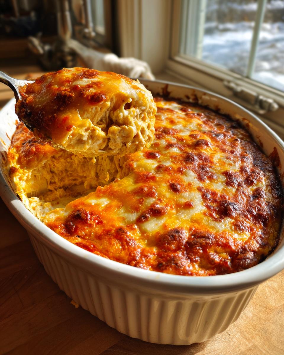 A spoonful of hot, cheesy chicken enchilada dip being lifted from a white baking dish.