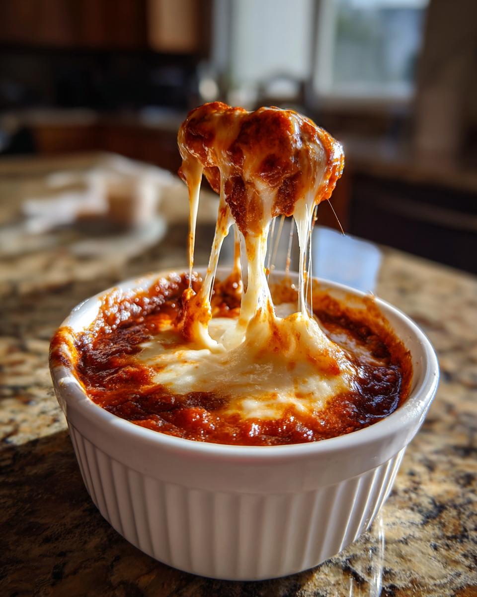 A spoonful of hot chili cheese dip being lifted, showing extreme cheese pull over the baked red chili base.