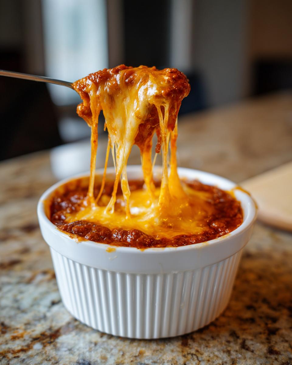 A spoonful lifts gooey, melted cheese and chili mixture from a ramekin of chili cheese dip.