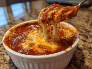 A spoonful of hot chili cheese dip showing a dramatic cheese pull from a white ramekin.