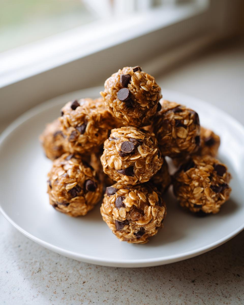 A pile of homemade chocolate chip protein balls made with oats, stacked on a white plate near a window.
