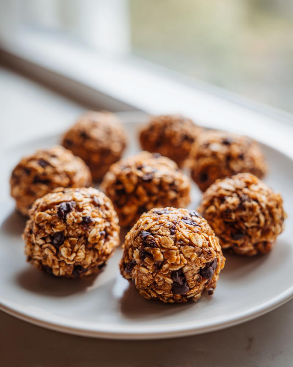 A plate of homemade, oat-based chocolate chip protein balls sitting near a bright window.