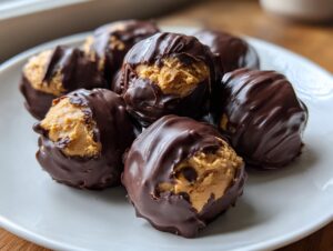 A close-up of several rich peanut butter balls partially dipped in melted dark chocolate on a white plate.