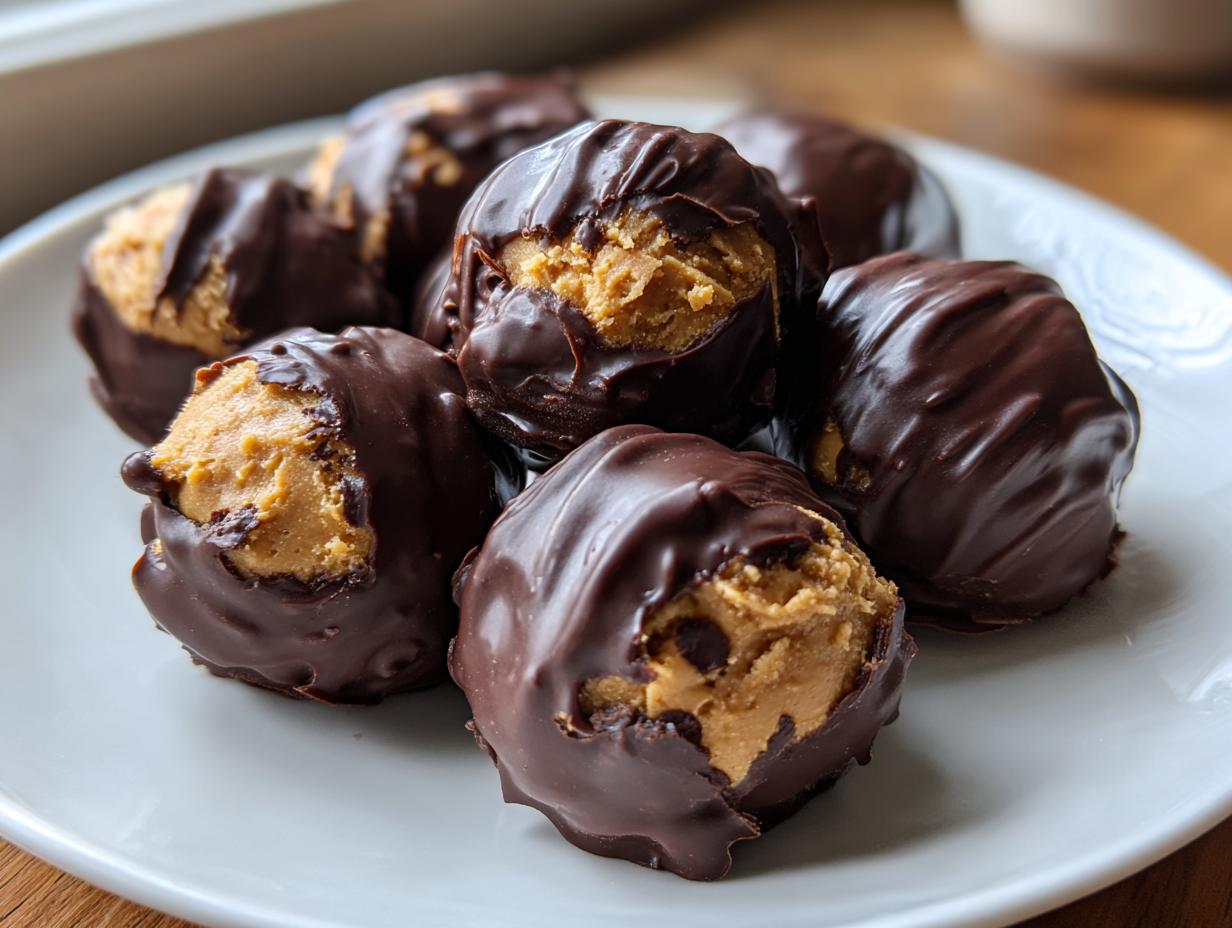 A close-up of several rich peanut butter balls partially dipped in melted dark chocolate on a white plate.