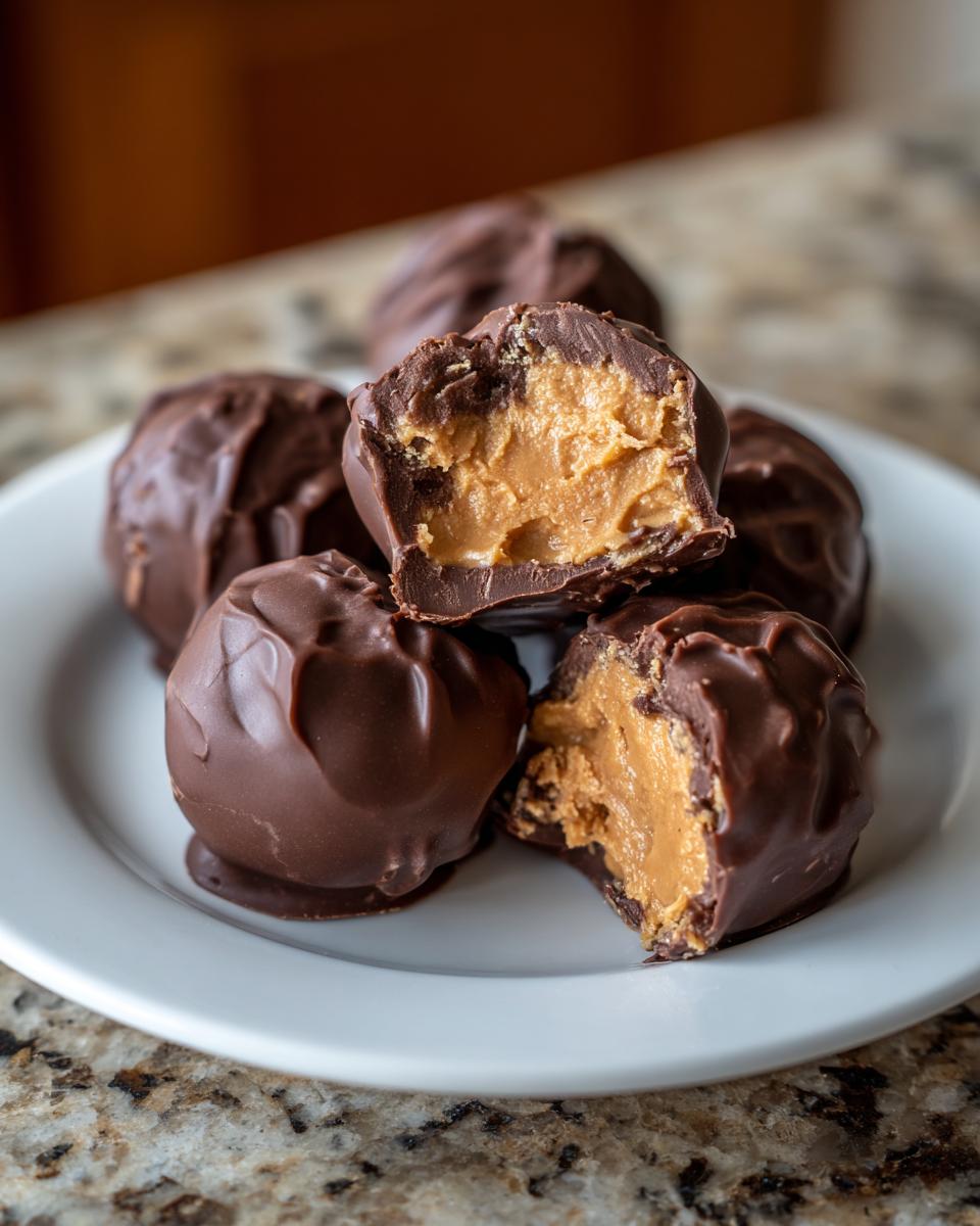 A stack of homemade chocolate-covered peanut butter balls, one cut open to show the creamy peanut butter filling.