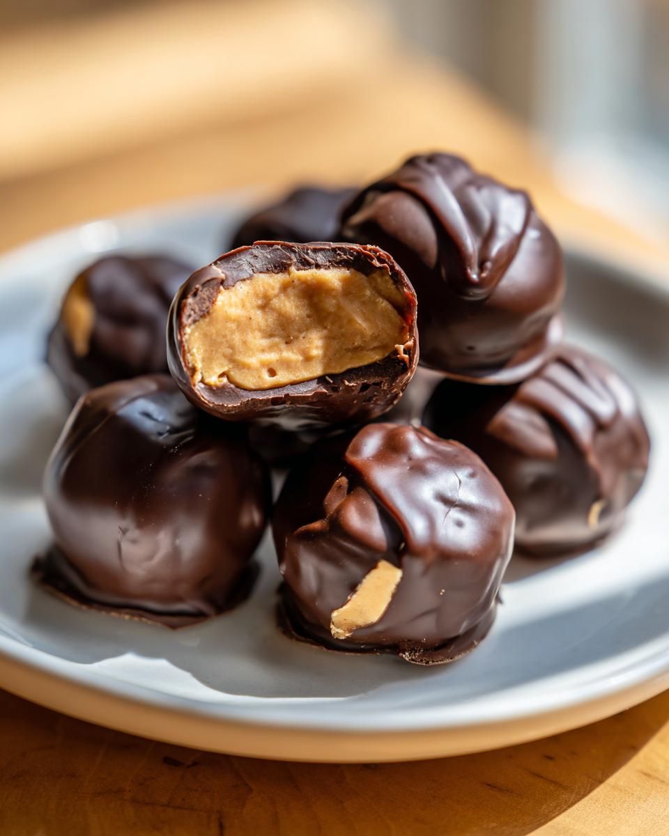 A stack of homemade peanut butter balls dipped in dark chocolate, one is cut open showing the creamy filling.
