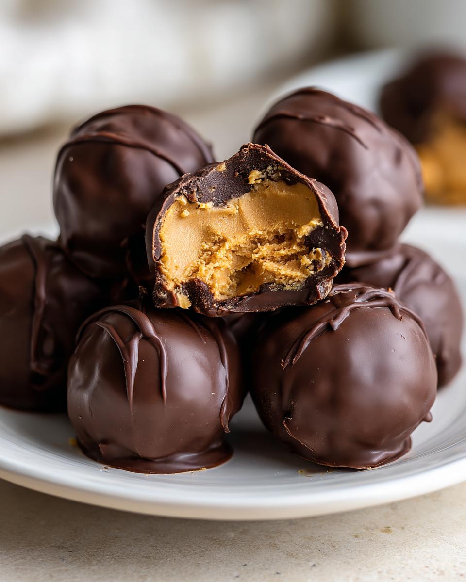 A stack of chocolate covered peanut butter balls, one is cut open revealing the creamy peanut butter filling.