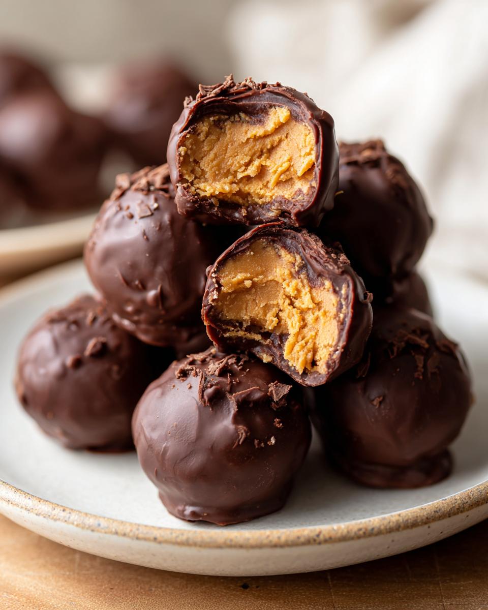 Stack of rich, chocolate-covered peanut butter balls, one cut open to show the creamy filling.