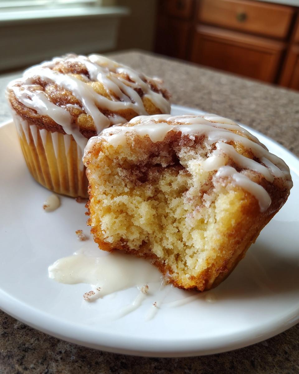 Close-up of two cinnamon roll muffins, one bitten into, showing the soft interior and white glaze.