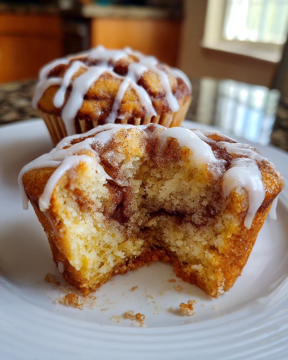 A close-up of two cinnamon roll muffins, one of which is bitten to show the swirl interior and icing.