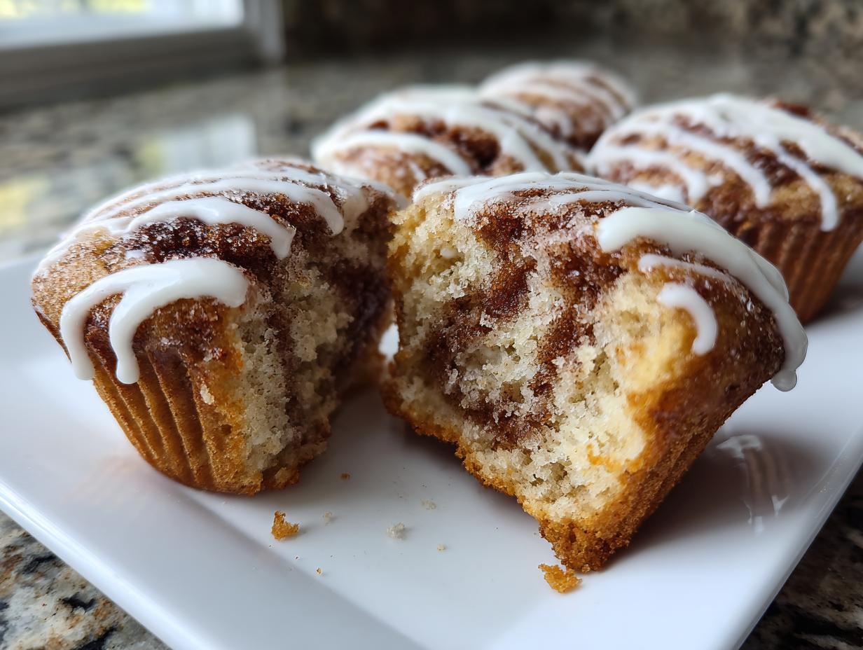 A cinnamon roll muffin is broken in half showing the swirl interior, drizzled with white icing.