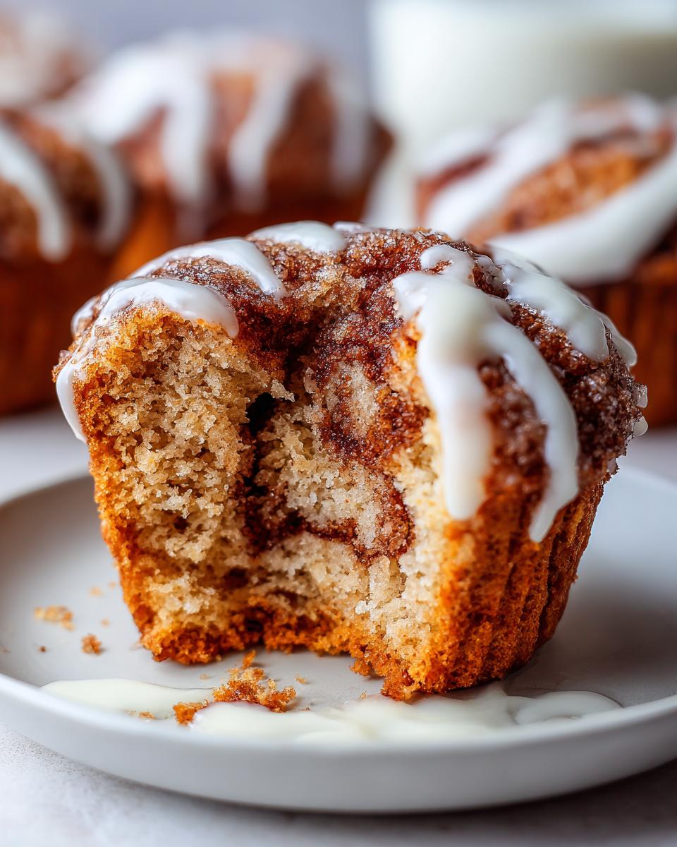 A close-up of a cinnamon roll muffin, bitten into, showing the swirl and topped with white icing.
