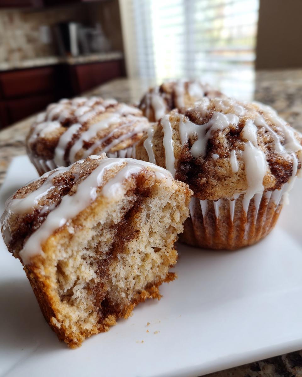 Four delicious cinnamon roll muffins topped with white glaze, one muffin is broken open showing the swirl inside.
