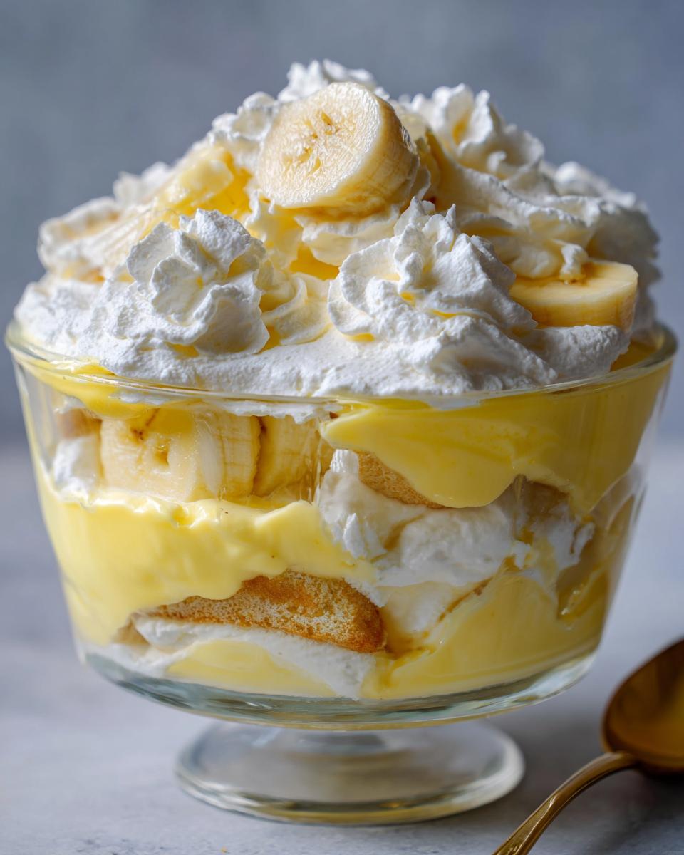 Close-up of layered banana pudding with vanilla wafers, custard, and whipped cream topping.