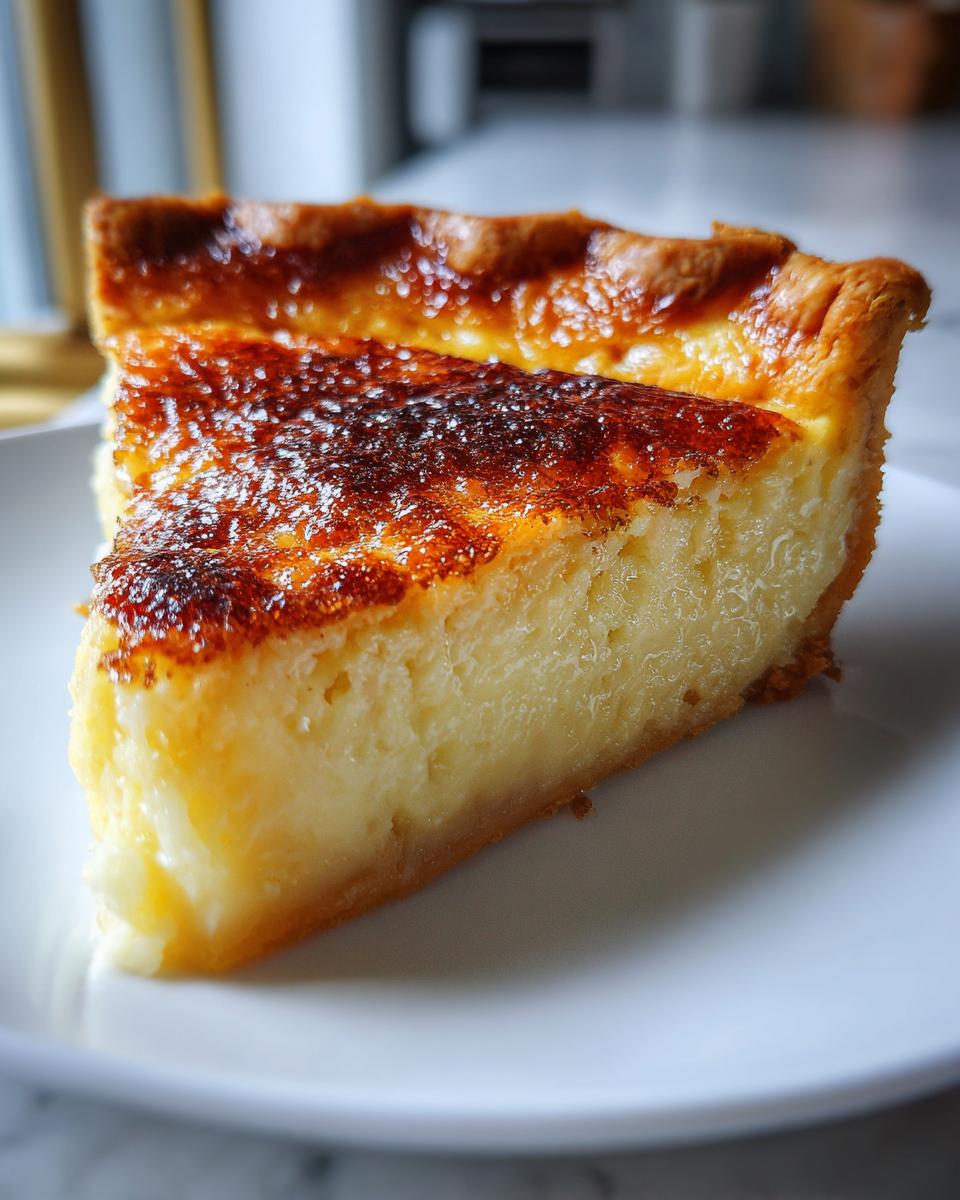 A close-up of a thick slice of classic buttermilk pie on a white plate, showing a creamy yellow filling and a deeply caramelized top.