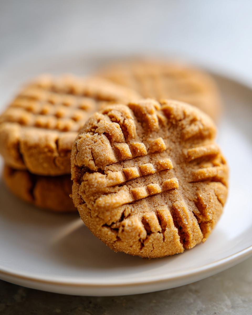 Close-up of a stack of classic peanut butter cookies showing the signature crisscross fork marks.