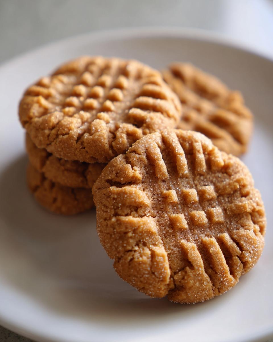 A stack of freshly baked peanut butter cookies showing the signature criss-cross fork marks and sugar coating.