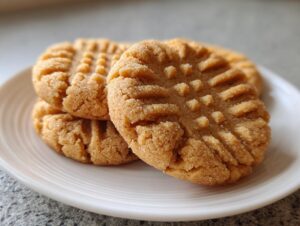 Three golden brown peanut butter cookies with classic fork crosshatch marks stacked on a white plate.